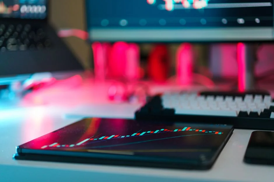 A professional workspace featuring computers and analytical graphs on a monitor, symbolizing modern business environment.